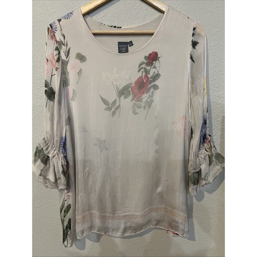 Moda Seta (Soft) Italy Sheer Lined BEIGE FLORAL Blouse SZ LARGE